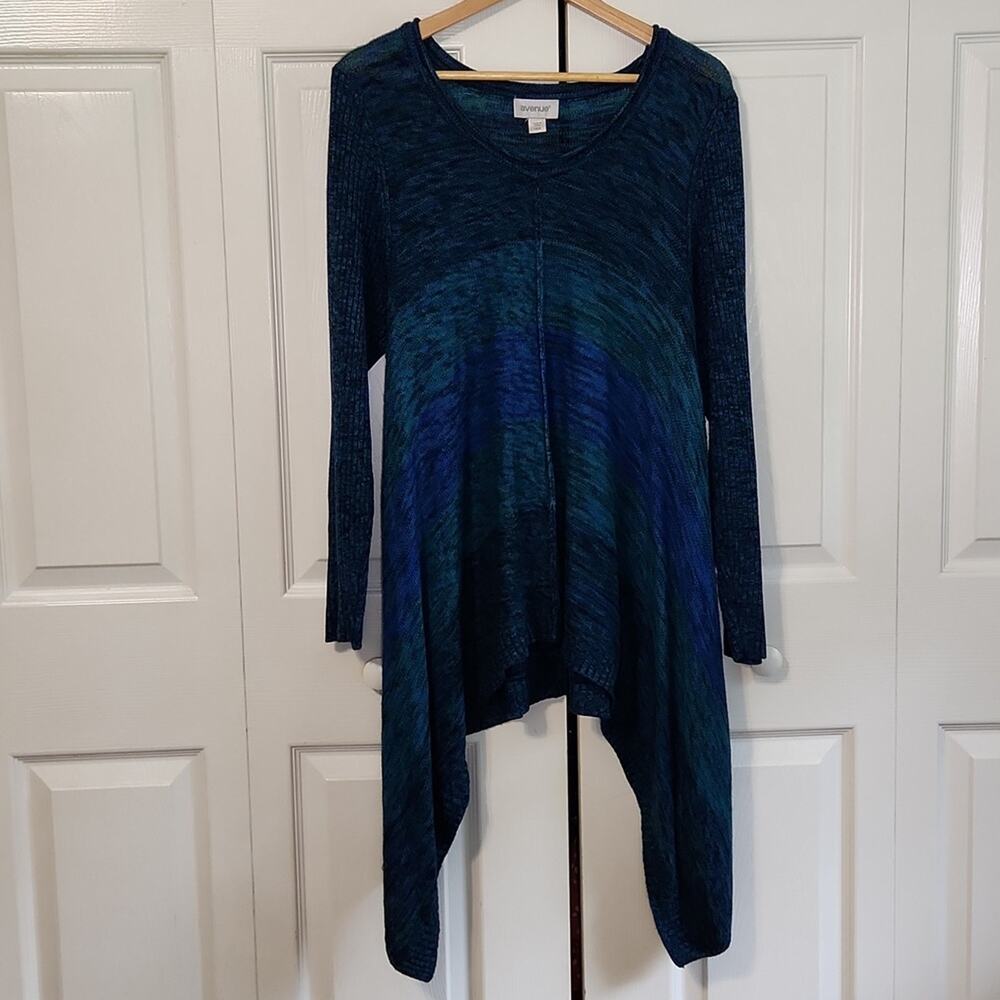 Avenue Womens Plus 14/16 Blue Green Space Dye Sharkbite Hem Tunic Sweater Artsy
